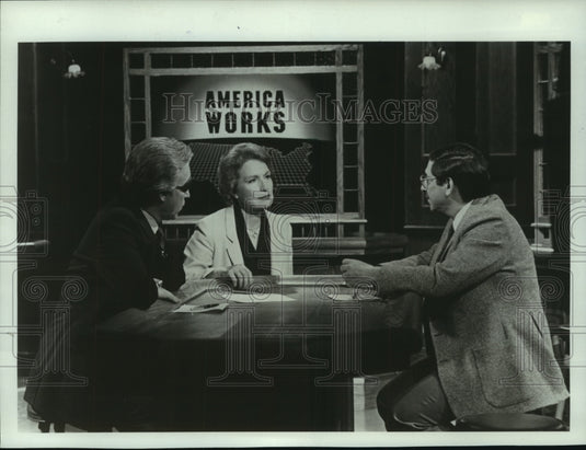 1988, Host Marie Torre of "America Works" interviewing guests - Historic Images