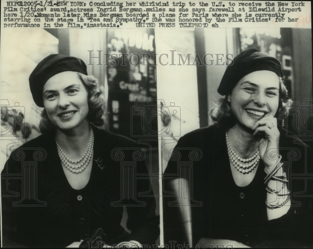 1957, Actress Ingrid Bergman smiles at Idlewild Airport - mjp42876 - Historic Images