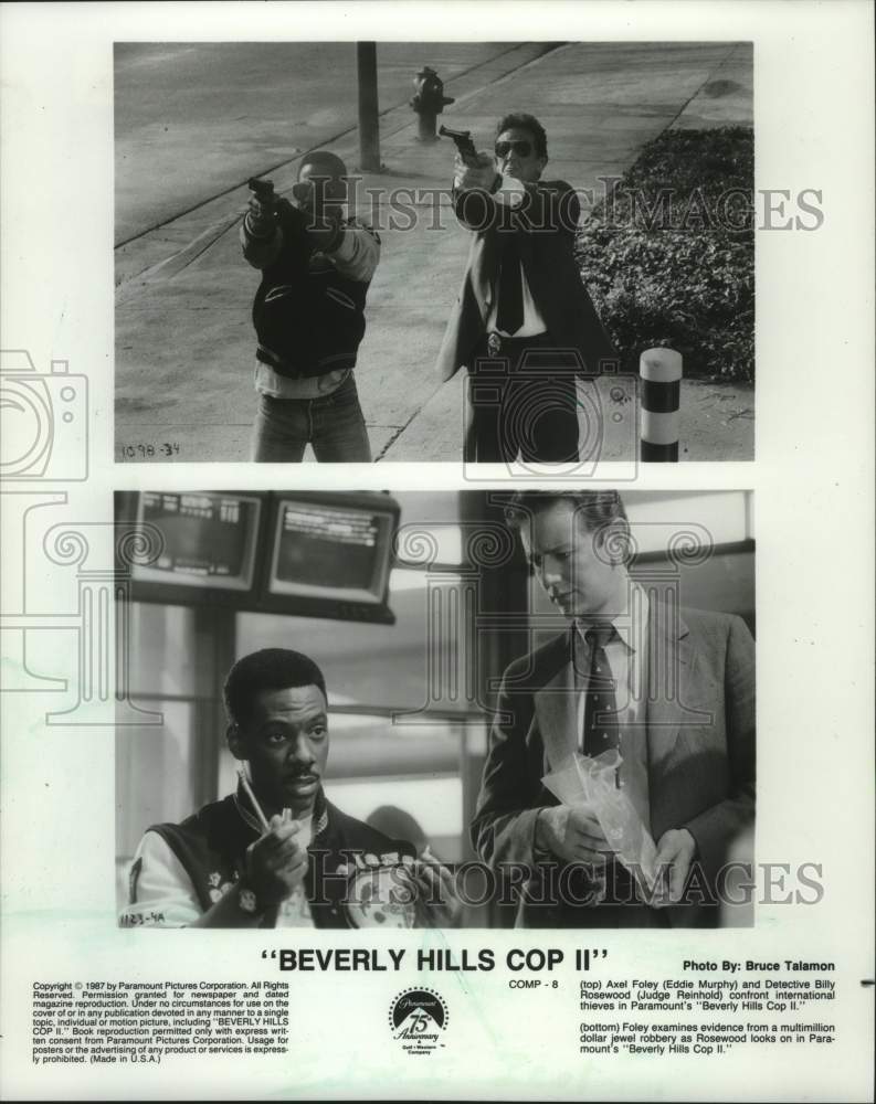 1987 Press Photo Actors Eddie Murphy & Judge Reinhold in Beverly Hills Cop II- Historic Images