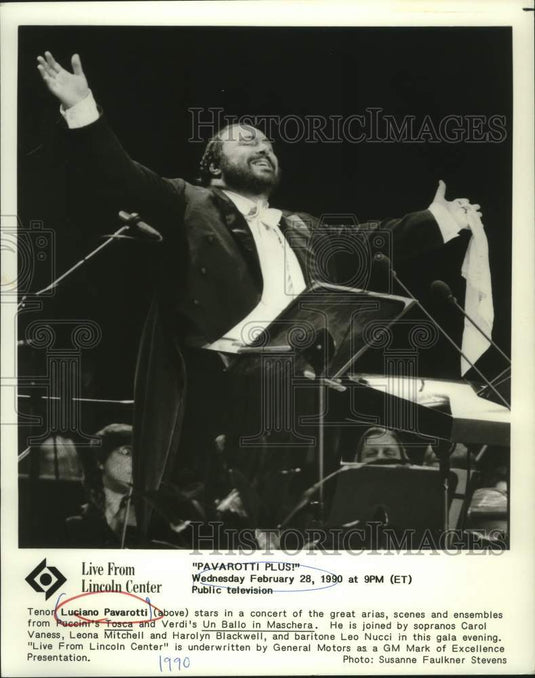 1990, Luciano Pavarotti on Live from Lincoln Center, on PBS. - Historic Images