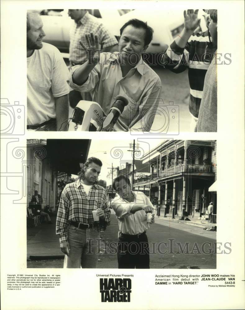 1993 Press Photo Director John Woo with Claude Van Damme on set of "Hard Target. - Historic Images
