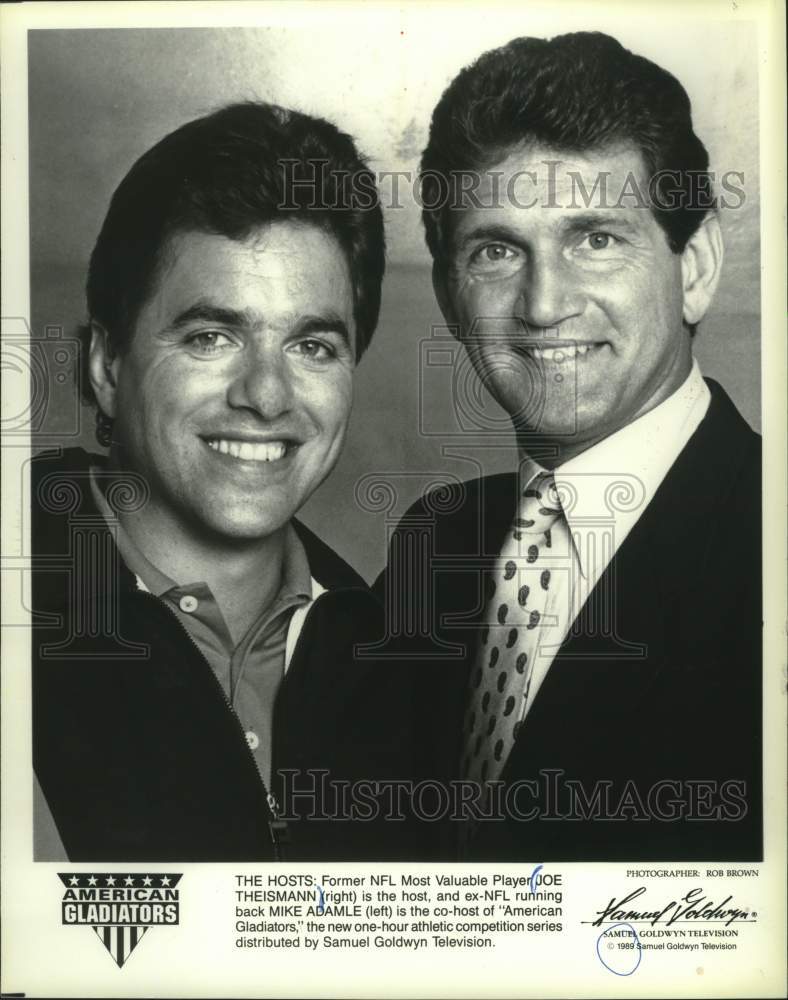 1989 Press Photo Joe Theismann with Mike Adamle host American Gladiators- Historic Images