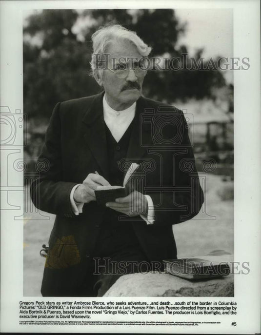 1990, Gregory Peck as Ambrose Bierce in scene from "Old Gringo" - Historic Images