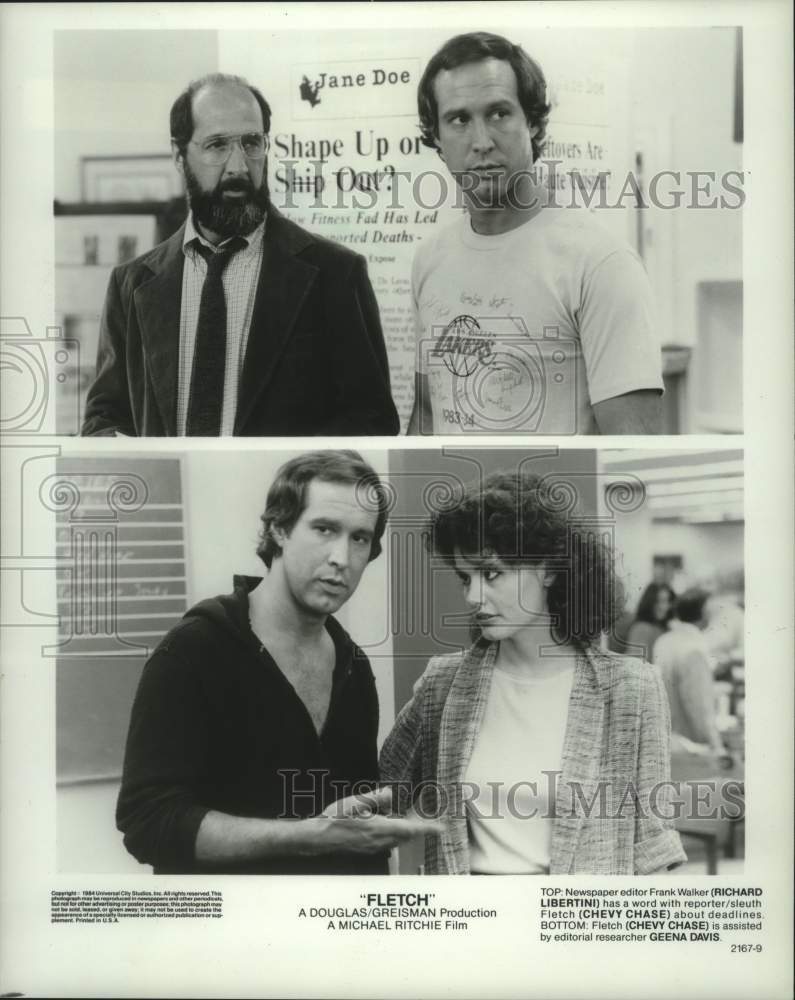 1985 Press Photo Chevy Chase, Geena Davis and Richard Libertine star in &quot;Fletch&quot;- Historic Images