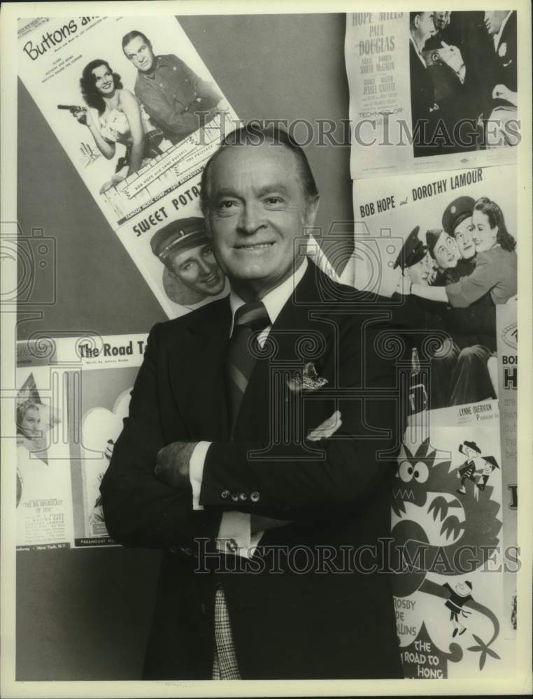 1983, Bob Hope with display of playbills from his movies - mjp43846 - Historic Images