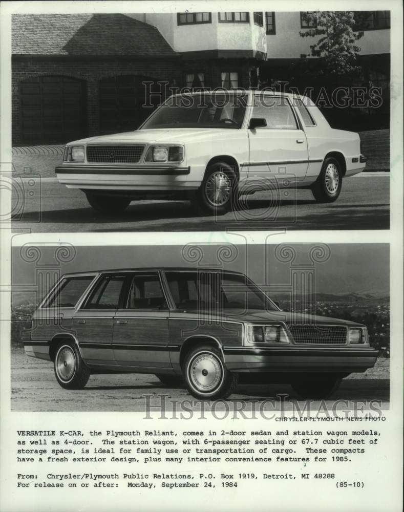 1985 Press Photo Chrysler&#39;s Plymouth Reliant sedan and station wagon - mjp43910- Historic Images