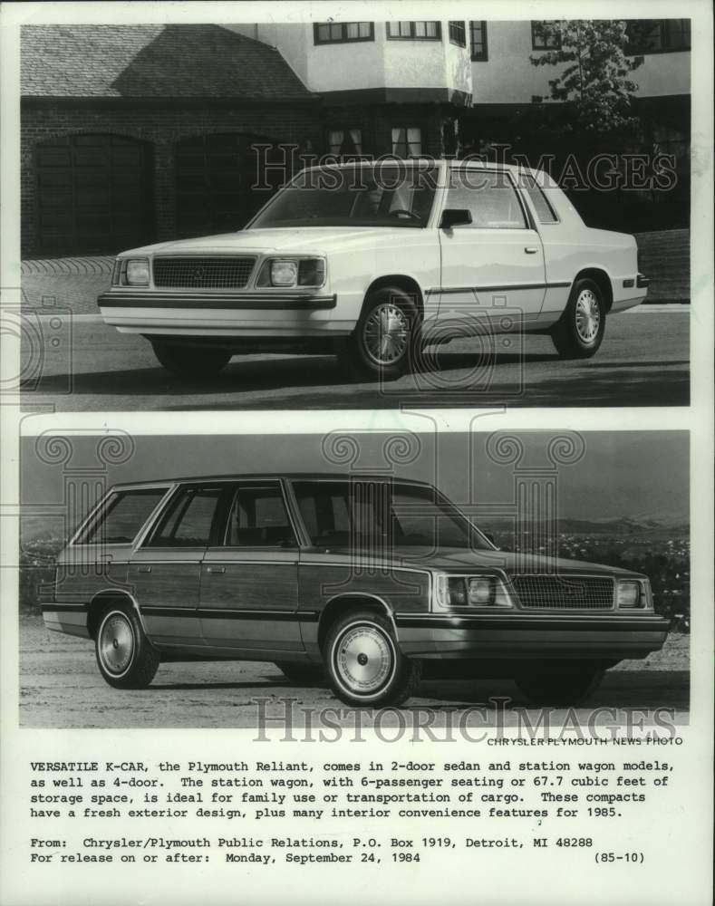 1985 Press Photo Chrysler's Plymouth Reliant sedan and station wagon - mjp43910- Historic Images