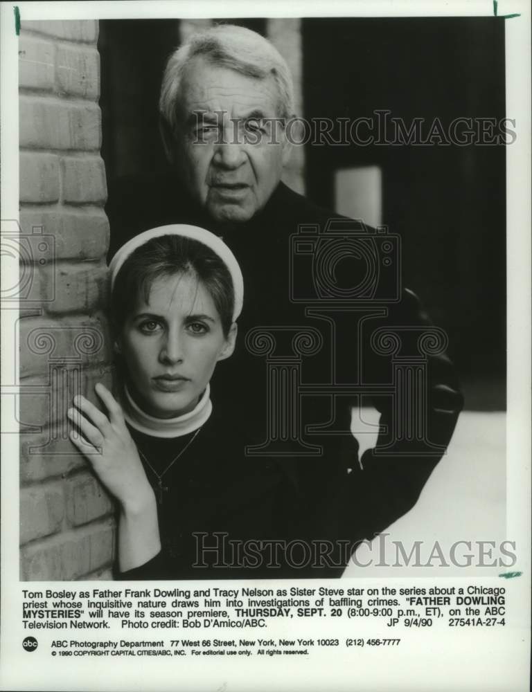 1990 Press Photo Tom Bosley and Tracy Nelson star on "Father Dowling Mysteries" - Historic Images