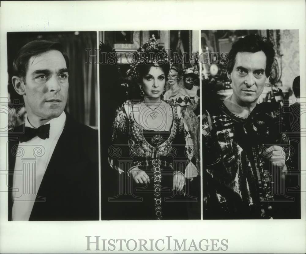1985 Press Photo Gina Lollobrigida, Jeremy Brett, and Fabio Testi in Deceptions - Historic Images