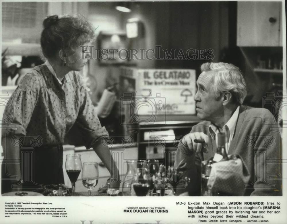 1983 Press Photo Jason Robards and Marsha Mason in Max Dugan Returns. - Historic Images