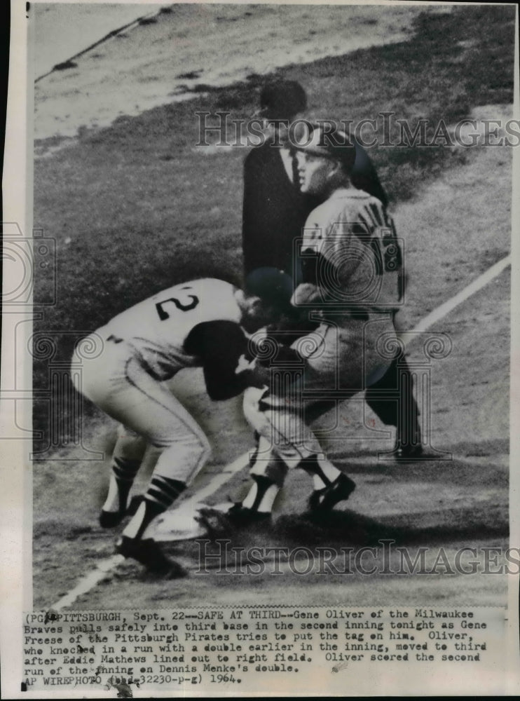 1964 Press Photo Braves Gene Oliver is Safe as Pirates Gene Freese Makes Tag - Historic Images