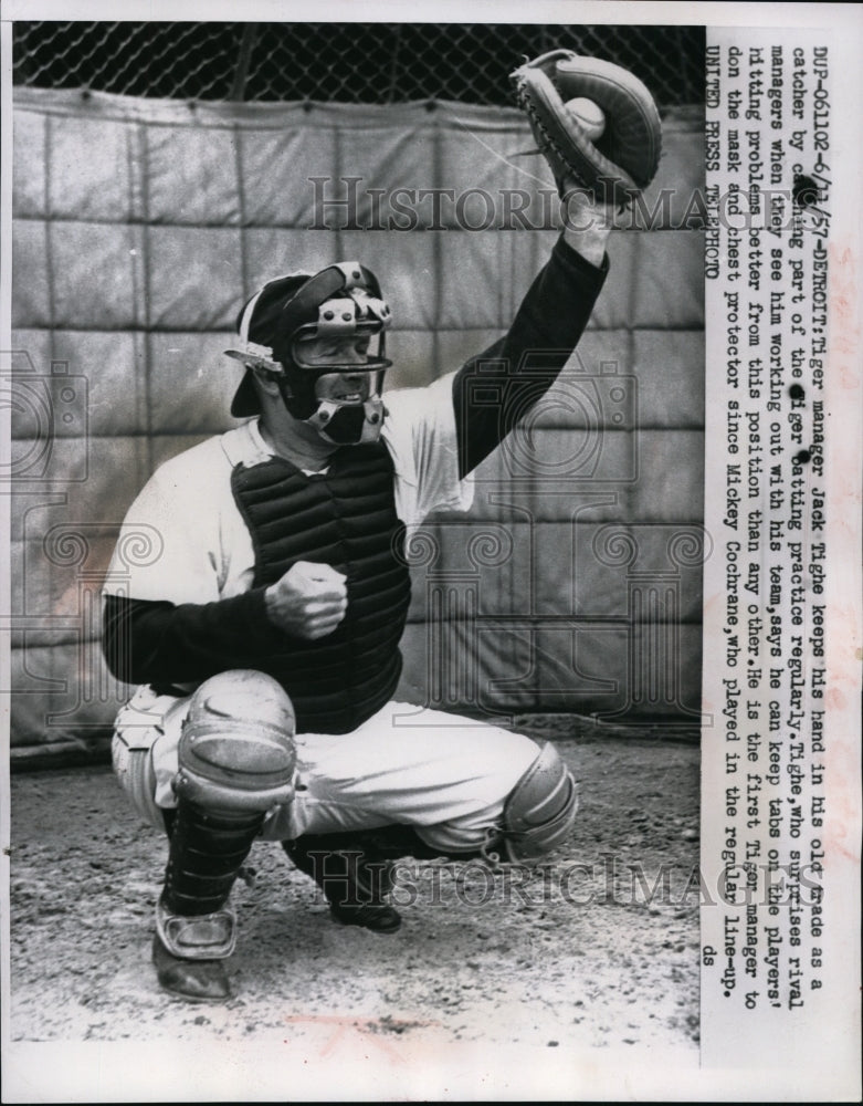 1957 Press Photo Jack Tighe broke tradition & started catching batting practice - Historic Images