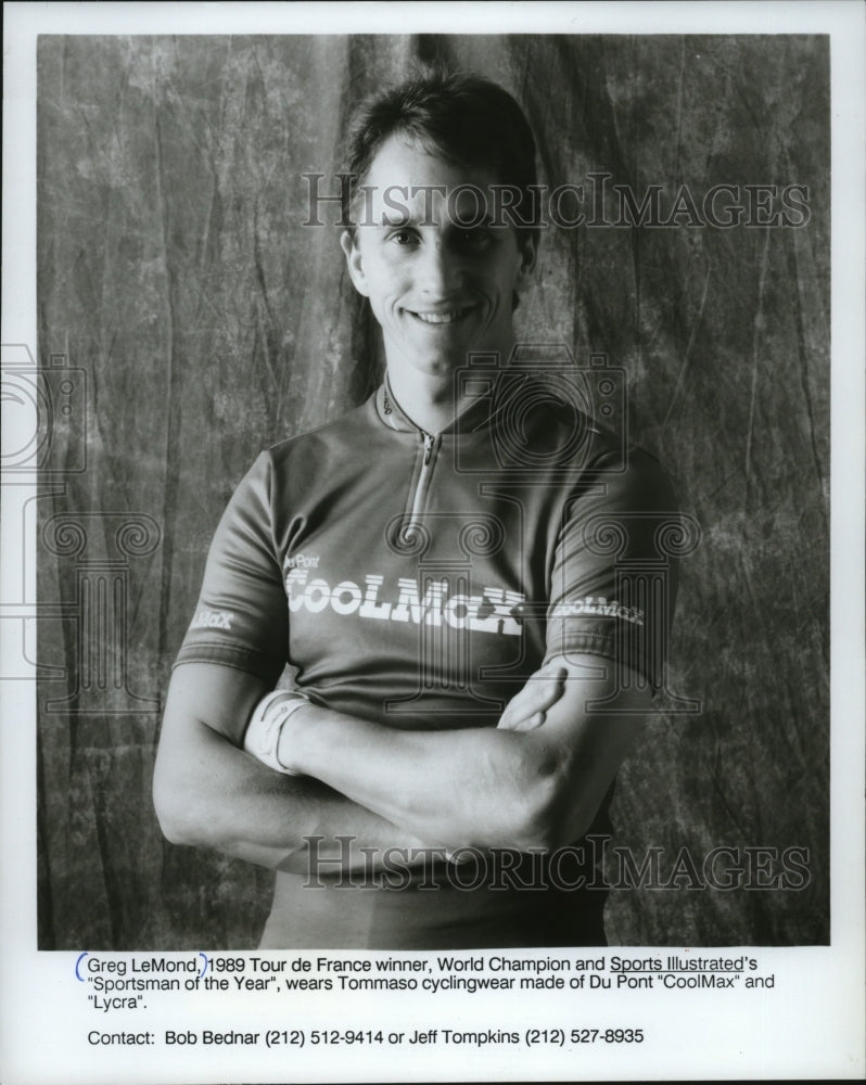 Press Photo Greg LeMond, Tour de France Champion, wears Tommaso cyclingwear - Historic Images