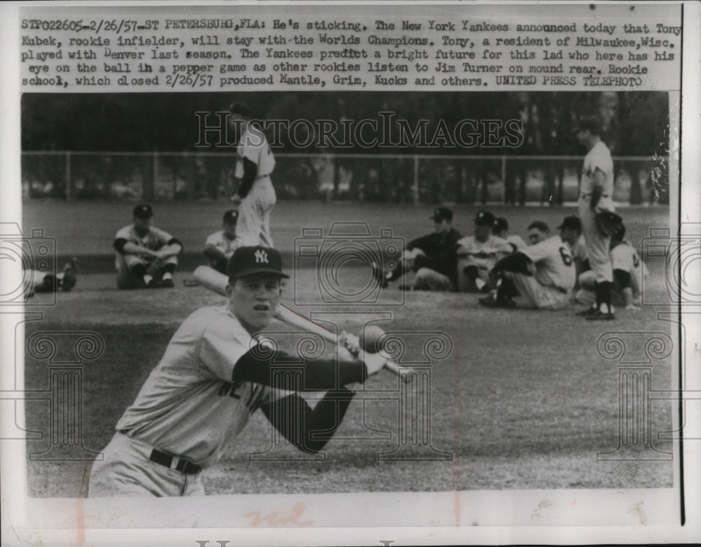 1957 Press Photo Tony Kubek, shortstop for Yankees, at training camp. - Historic Images