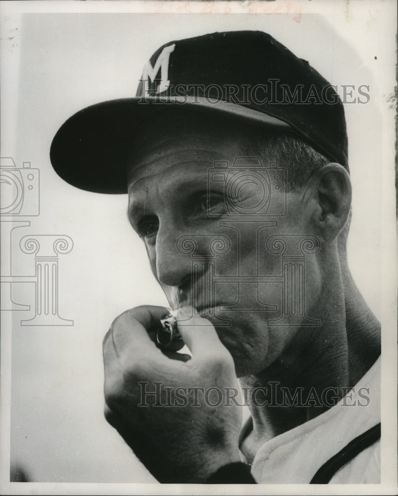 1957 Press Photo Piercing blast from Coach Bob Keely&#39;s whistle at training camp. - Historic Images