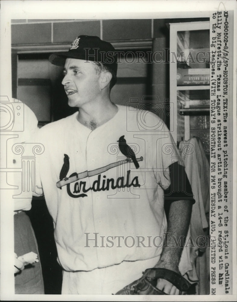 1957 Press Photo Billy Muffett, newest pitching member of St Louis Cardinals.-Historic Images
