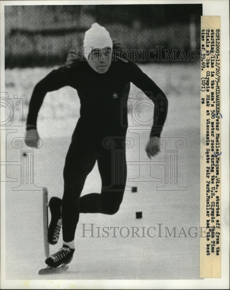1975 Press Photo Peter Mueller, McQuen, Wisconsin at starting line in 500 meter. - Historic Images
