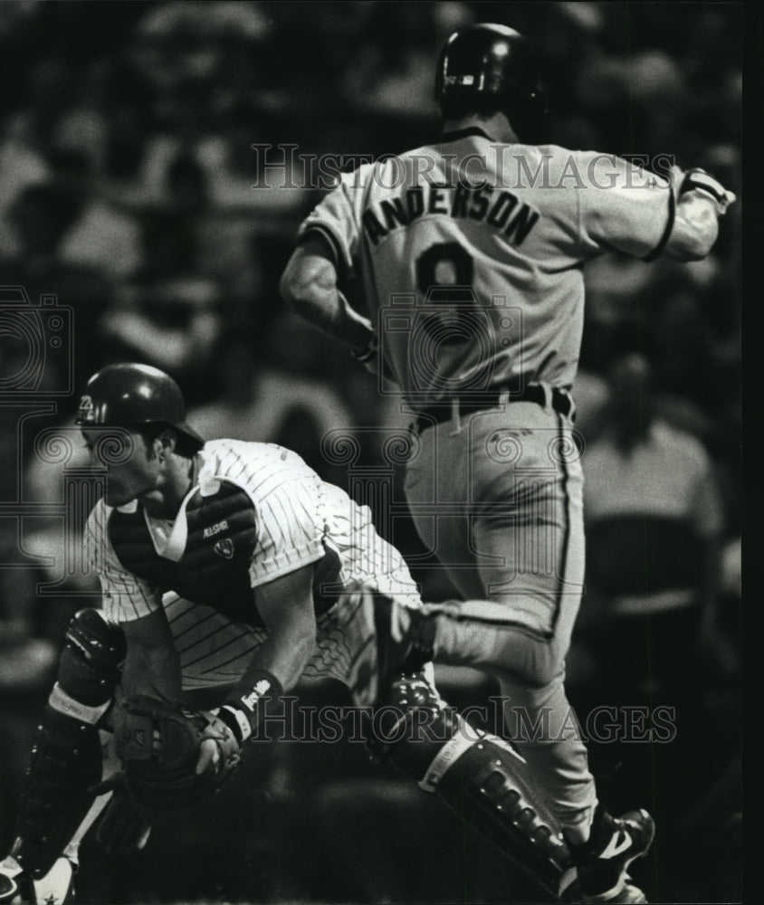 1993 Baseball&#39;s Brady Anderson runs past Brewers catcher Tom Lampkin - Historic Images