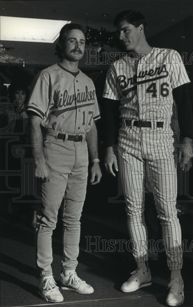 Press Photo Milwaukee Brewers baseball players Gantner &amp; Wegman in new uniforms - Historic Images