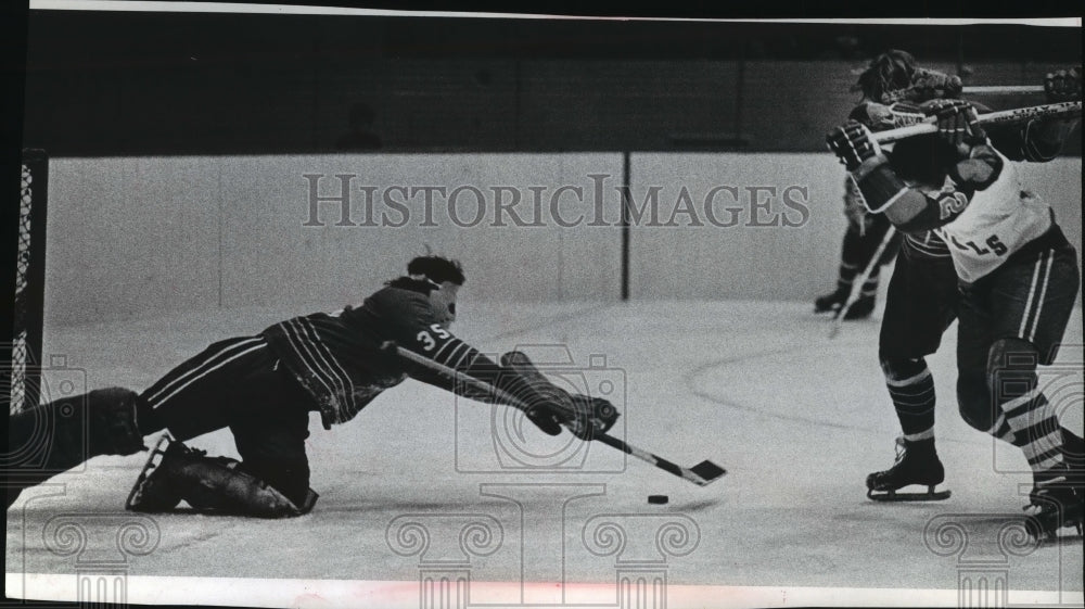 1972 Press Photo Goalie Terry Cauderau dives at puck from Milwaukee&#39;s Cal Harris - Historic Images