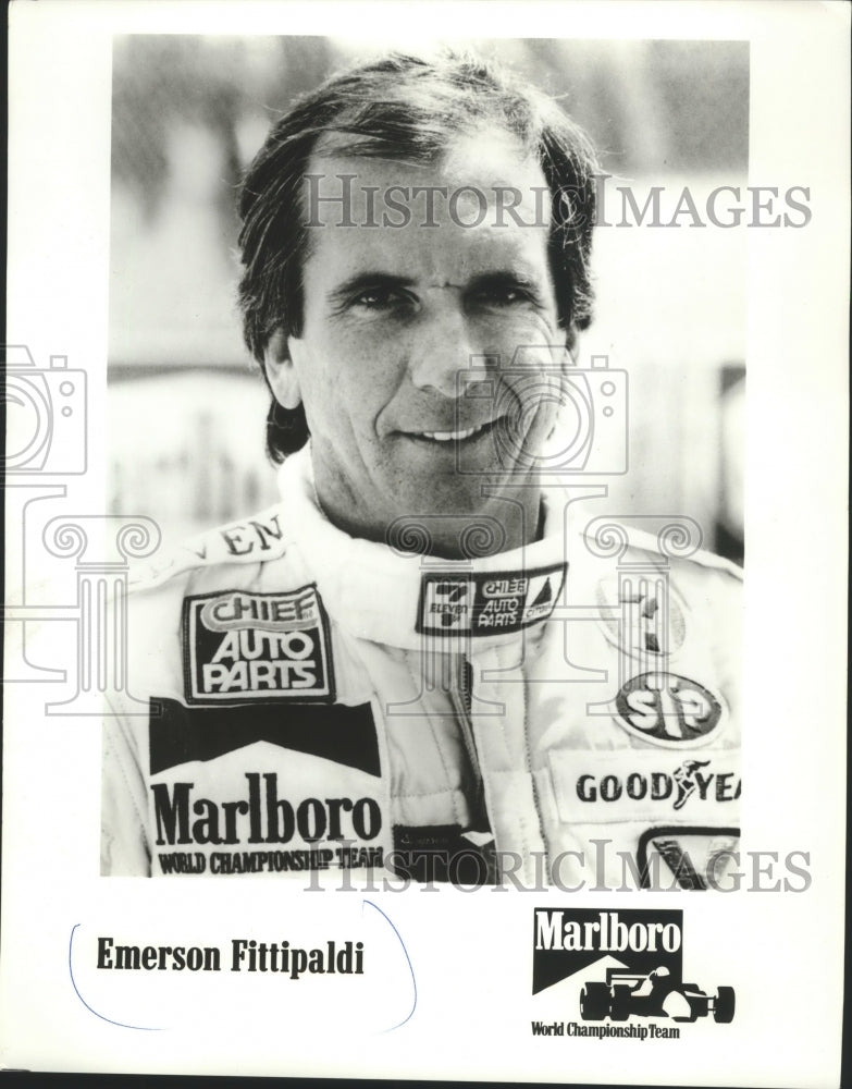 1985 Press Photo Emerson Fittipaldi part of the Marlboro World Championship Team - Historic Images