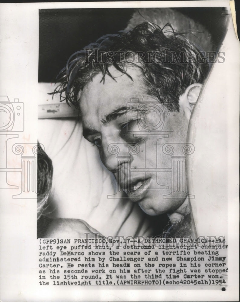 1954 Press Photo Paddy DeMarco, Lightweight Boxer, After Defeat by Jimmy Carter - Historic Images