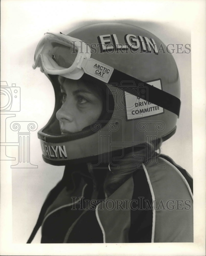 1974 Snowmobile racer Karlyn Elgin in her racing helmet. - Historic Images