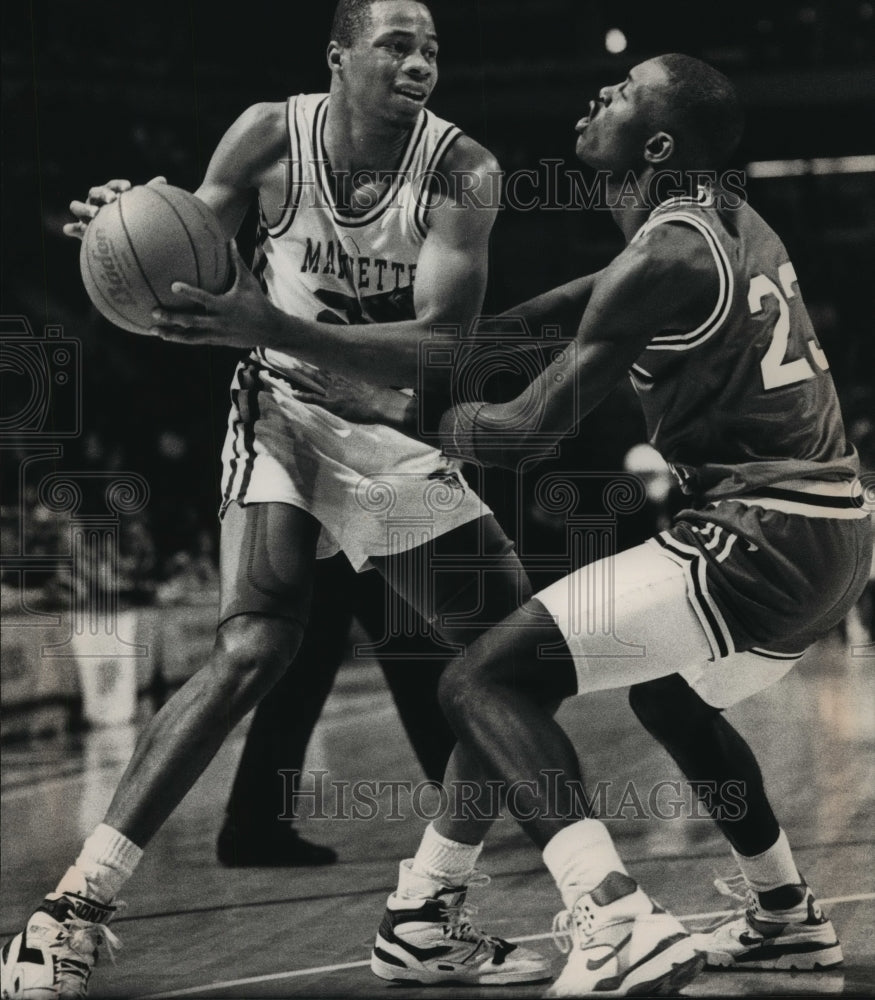 1988 Press Photo Marquette basketball&#39;s Tyrone Baldwin in action with the ball- Historic Images