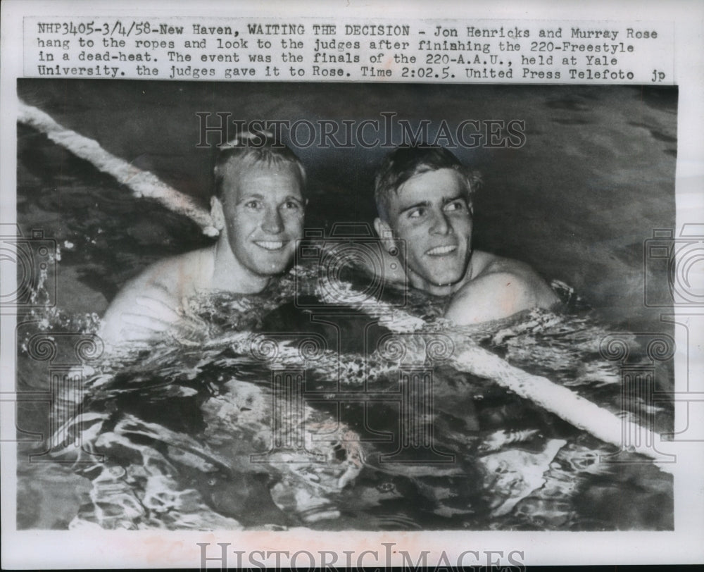 1958 Jon Henricks &amp; Murray Rose at finals of 220-A.A.U. at Yale. - Historic Images