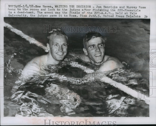 1958 Jon Henricks & Murray Rose at finals of 220-A.A.U. at Yale. - Historic Images