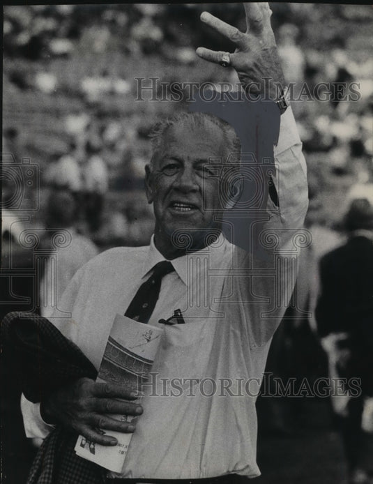 1967 Charlie Grimm waving at crowd baseball exhibition, Milwaukee. - Historic Images