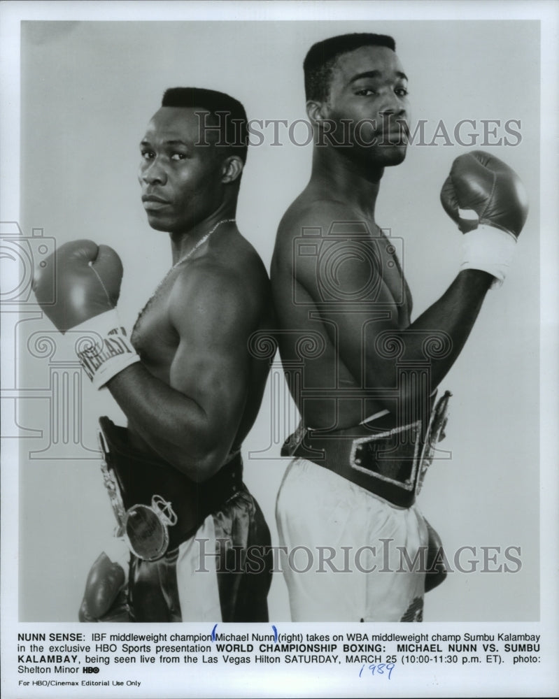 1989 Press Photo Boxers Sumbu Kalambay and Michael Nunn featured in HBO Special - Historic Images