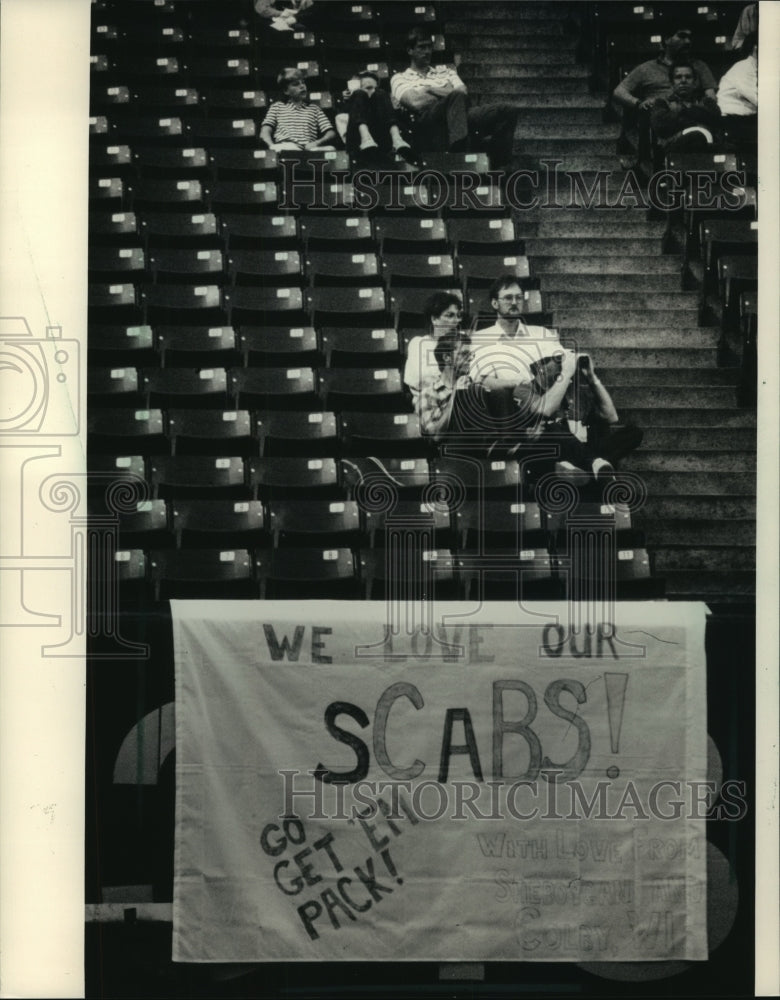 1987 Press Photo A Packers Fan's Banner Hangs in the Metrodome in Minneapolis - Historic Images