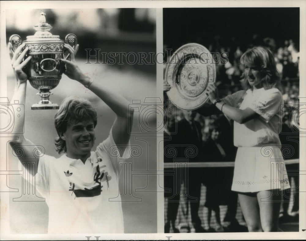 1988 Press Photo Stefan Edberg, Steffi Graf holding trophy from Wimbledon win.- Historic Images