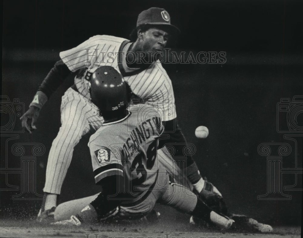 1985 Press Photo Milwaukee Brewers Shortstop Ernest Riles Tries to Make Catch- Historic Images