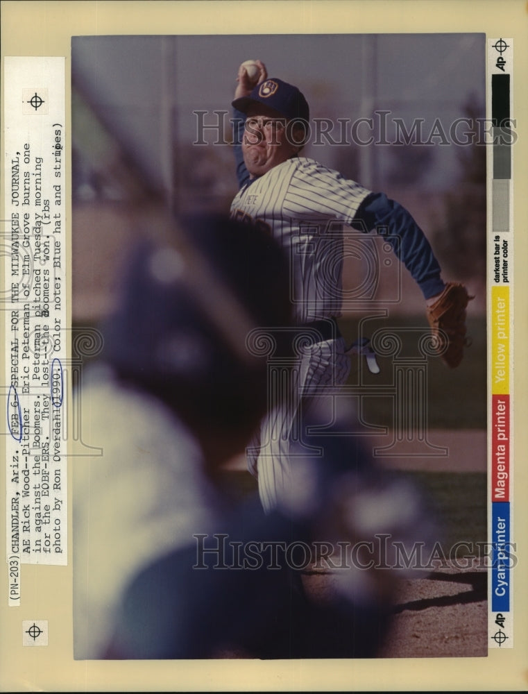 1990 Press Photo Rick Wood pitcher, Eric Peterman bats at fantasy camp, Arizona.- Historic Images