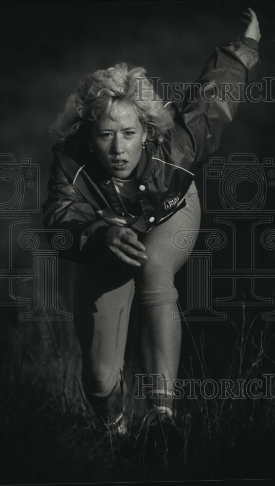 1987 Press Photo Debbie Perkins practices skating technique off-ice, Oconomowoc- Historic Images