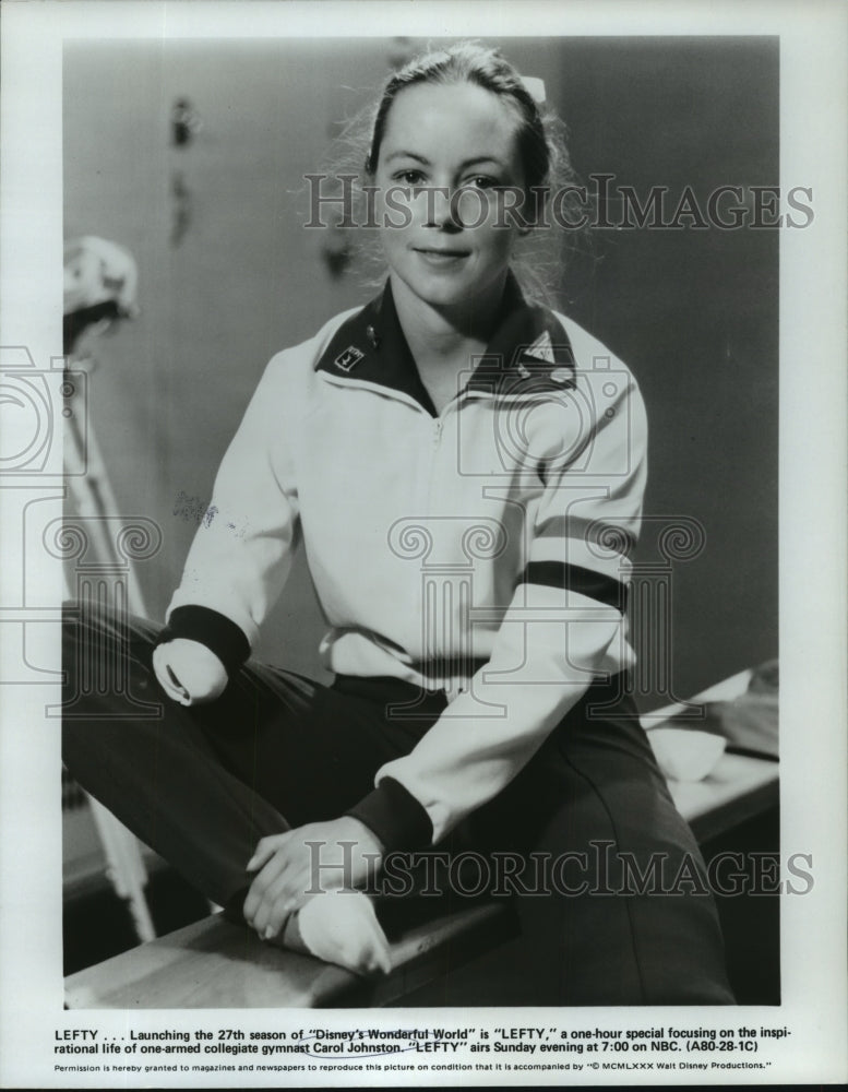 1981 Press Photo One armed gymnast Carol Johnston on &quot;Disney&#39;s Wonderful World&quot; - Historic Images