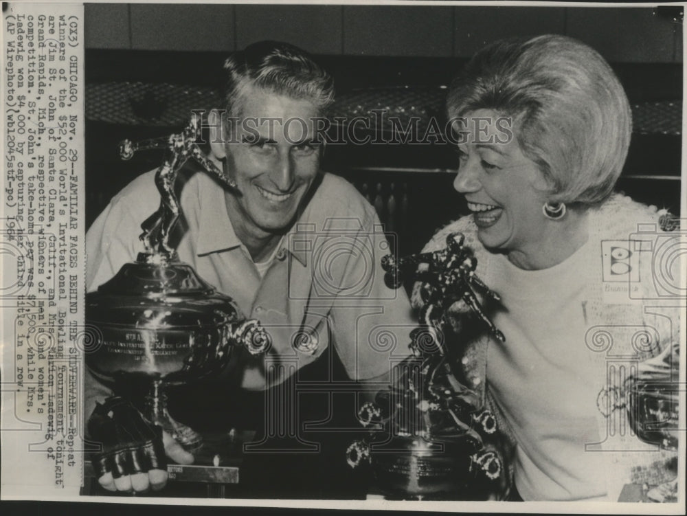 1964 Invitational Bowling winners; Jim St. John and Mrs. Ladewig. - Historic Images