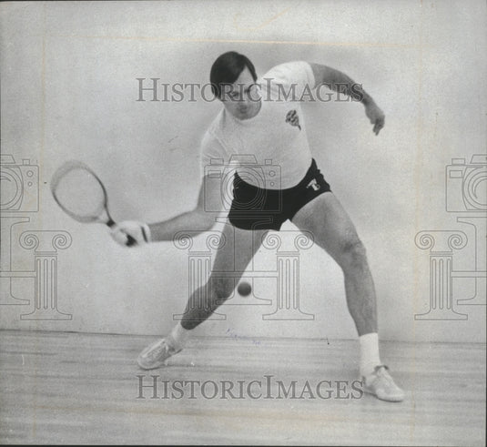 1977 Racquet Ball Club's Paul Ernst demonstrates forehand stroke - Historic Images