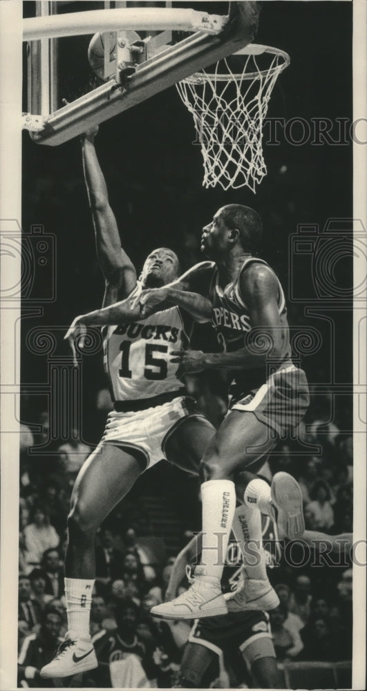 1987 Press Photo Milwaukee&#39;s Craig Hodges and Los Angeles Larry Drew - mjt13686- Historic Images