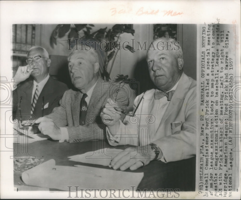 1957 Press Photo League President Warren Giles at executive meeting in Florida- Historic Images