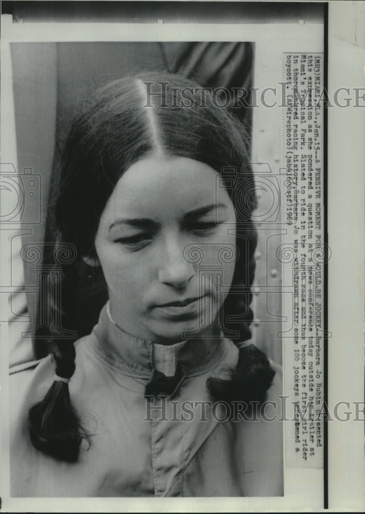 1969 Jockey Barbara Jo Rubin at news conference after jockey protest - Historic Images