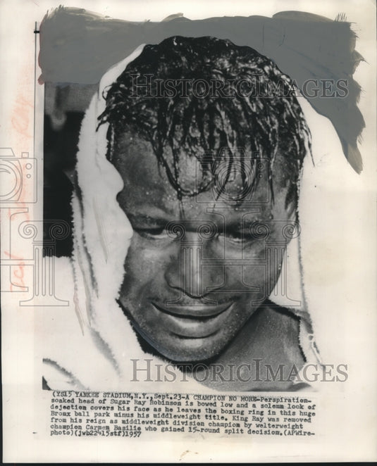1957 Press Photo Boxer Sugar Ray Robinson loses middleweight title - mjt15310 - Historic Images