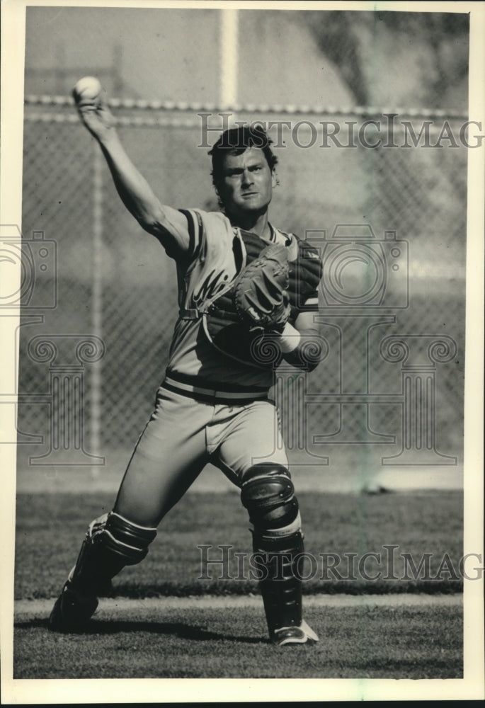 1988 Press Photo Milwaukee Brewers baseball catcher, Bill Schroeder, in action- Historic Images
