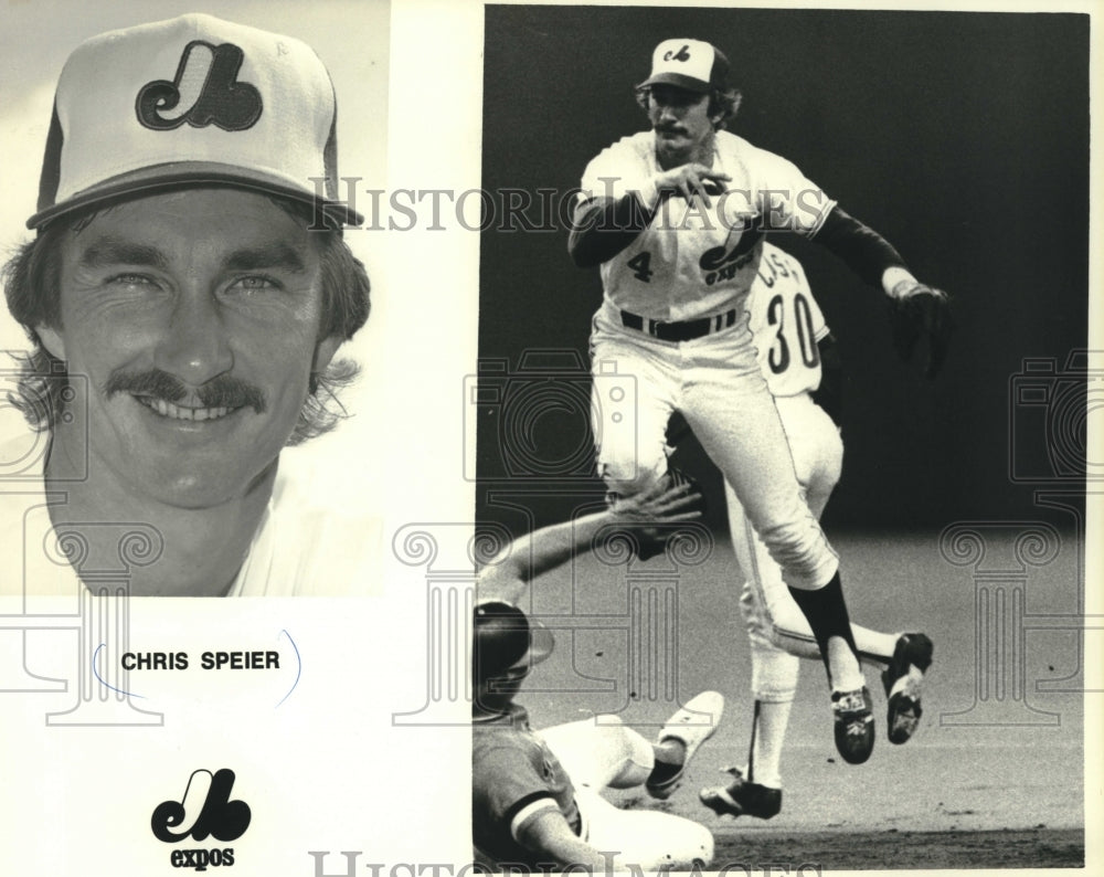 1980 Press Photo Expos baseball player Chris Speier leaping over another player - Historic Images