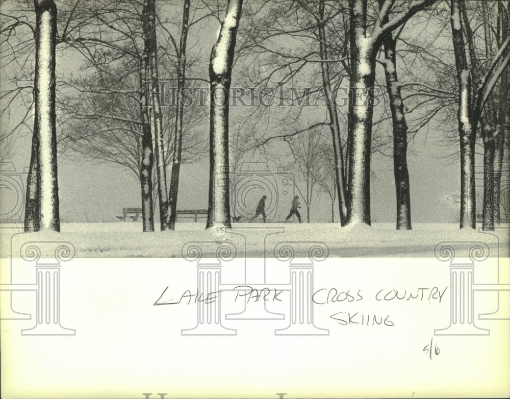 1979 A couple &amp; their dog on a cross-country ski outing at Lake Park - Historic Images