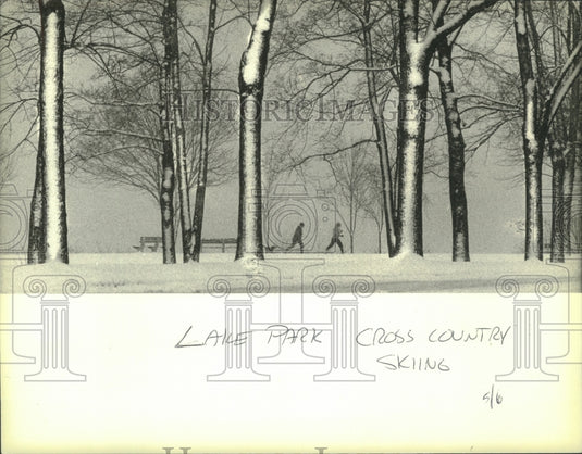 1979 A couple & their dog on a cross-country ski outing at Lake Park - Historic Images