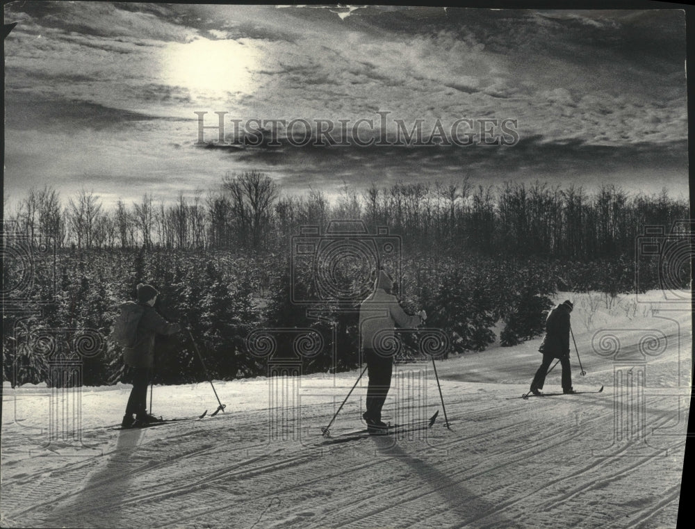 1980 Cross-country skiers glide along near Wolf River, Wisconsin - Historic Images