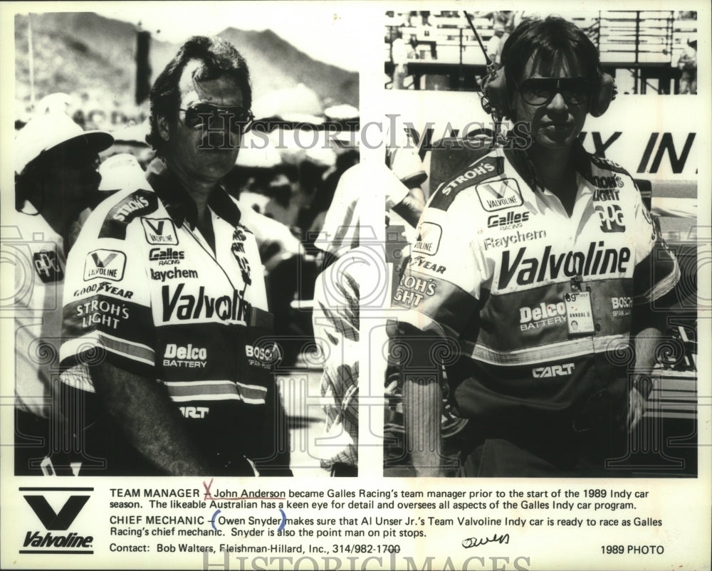 1989 Press Photo Valvoline Indy Racing Car Team&#39;s John Anderson And Owen Snyder - Historic Images